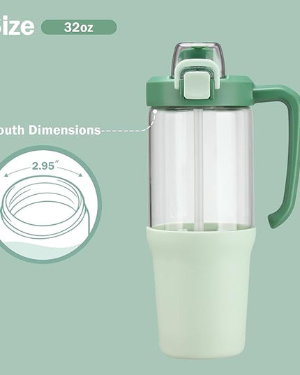 32oz Glass Water Bottle, 2-in-1 Straw and Sip Spout Lid, Leakproof Wide Mouth Tumbler with Handle, BPA-Free Reusable Bottle for Sports, Office, Outdoor, Light Green