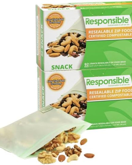 Responsible Products Certified Compostable SNACK Resealable Zip Bag, Extra Strength Food Bags, Plant-Based Freezer-Safe (184 Pack)