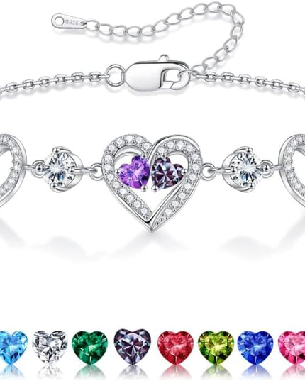 Iefil Valentines Day Gifts for Her - 925 Sterling Silver Heart Birthstone Bracelet Birthday Anniversary Jewelry Gifts for Her Wife