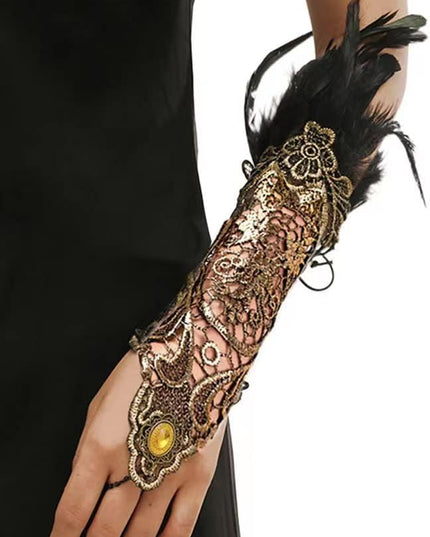 Women's Long Gothic Lace Gloves Feather Fingerless Gloves Stretch Wrist Cuffs for Wedding Party Halloween