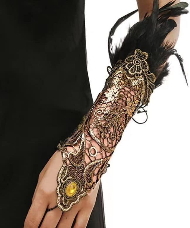 Women's Long Gothic Lace Gloves Feather Fingerless Gloves Stretch Wrist Cuffs for Wedding Party Halloween
