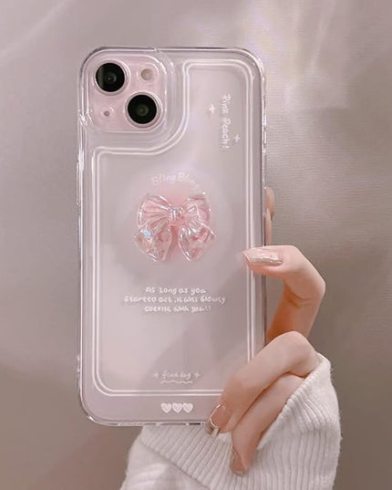 for iPhone 15 Plus Case, [2 in 1 with Pearl Beaded Wrist Strap Bracelet Chain] 3D Cute Pink Bow Decor for Women Girl