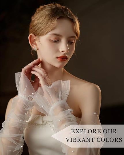 Women's Long Bridal Wedding Tulle Glove Mesh Fingerless Gloves Pearl 1920 Opera Tea Party Sheer Gloves