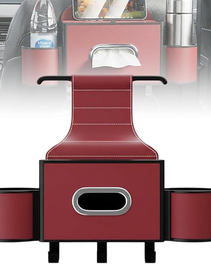 3-in-1 Car Backseat Organizer with Cup Holder, Tissue Box, Trash Bin & Hooks,Multifunctional Back Seat Car Organizer for Hold Phones, Snacks, Drinks, and Handbags (A- Red)