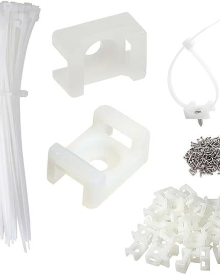 Cable Zip Tie Mounts Kit - 120 Set Wire Cable Clips Organizer Holders with 8" Cable Ties, Saddle Type Mounts Base and Tapping Screw, White