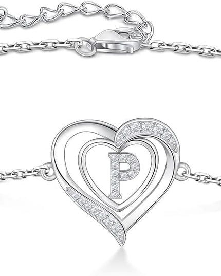 RIVIKO Heart Initial Bracelets for Women,925 Sterling Silver Letter Bracelets, Personalized Charm Alphabet Jewelry Valentines Christmas Mother’s Day Birthday Gifts for Women Friend Her Mom Wife Lady