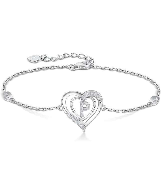 RIVIKO Heart Initial Bracelets for Women,925 Sterling Silver Letter Bracelets, Personalized Charm Alphabet Jewelry Valentines Christmas Mother’s Day Birthday Gifts for Women Friend Her Mom Wife Lady