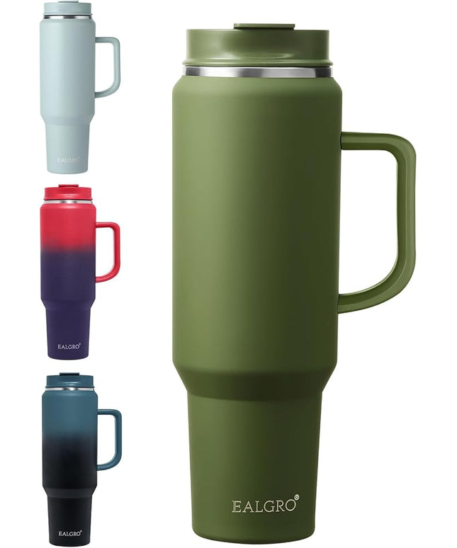 50 oz Tumbler with Handle, Insulated Tumblers with Lid and Straw, Large Metal Sports Water Bottle Jug, Thermal Stainless Steel Travel Coffee Mug Cup, Army Green