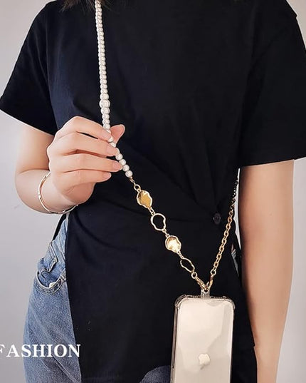 Phone Pearl Lanyard Phone Crossbody Strap,Pearl Beaded+Metal Chain with Tether Tab, Hands-Free Shoulder Cellphone Strap Compatible with Most Phones for Women (H)