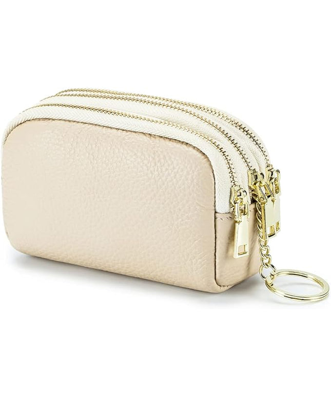 LINNO 3 Zippered Genuine Leather Coin Purse Triple Capacity Change Pouch Little Travel Wallet With Key Ring for Women