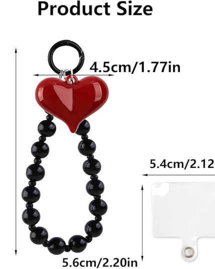 Red Heart Phone Charm Strap Black Beaded Phone Lanyard Cute Bag Charms for Handbags Cellphone Chain Wristlet Heart Bag Charm Purse Keychain for Women Cellphone Keychain Beaded Camera Wrist Strap