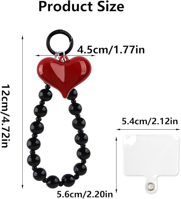 Red Heart Phone Charm Strap Black Beaded Phone Lanyard Cute Bag Charms for Handbags Cellphone Chain Wristlet Heart Bag Charm Purse Keychain for Women Cellphone Keychain Beaded Camera Wrist Strap