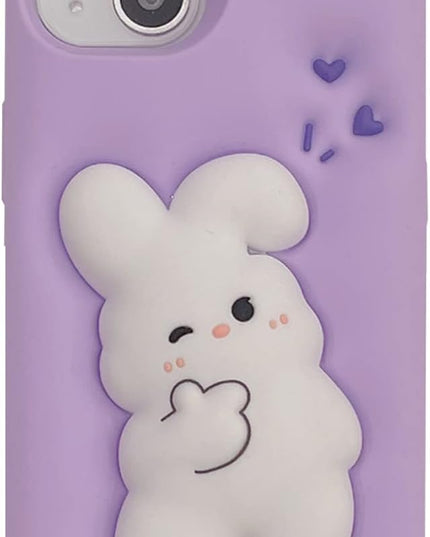 Case Compatible with iPhone 15,Cute 3D Kawaii Funny Bunny Purple Cartoon Cover with Keychain Soft Silicone Gel Drop Protector Women Girls