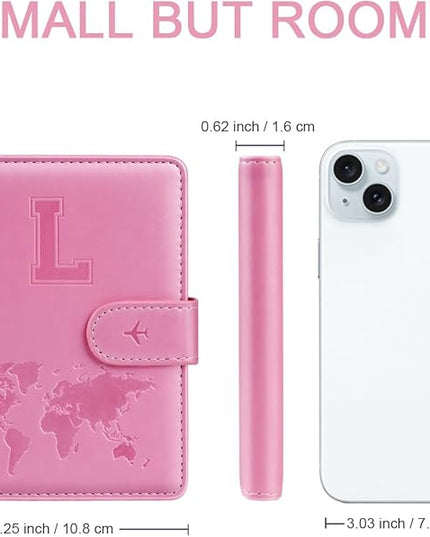 Passport Holder Cover Initail Letter A-Z Travel Wallet Embossed Design RFID Blocking Card Holder Personalized Gift Passport Cover Wallet, Passport Book Holders for Women and Girls, Pink-L