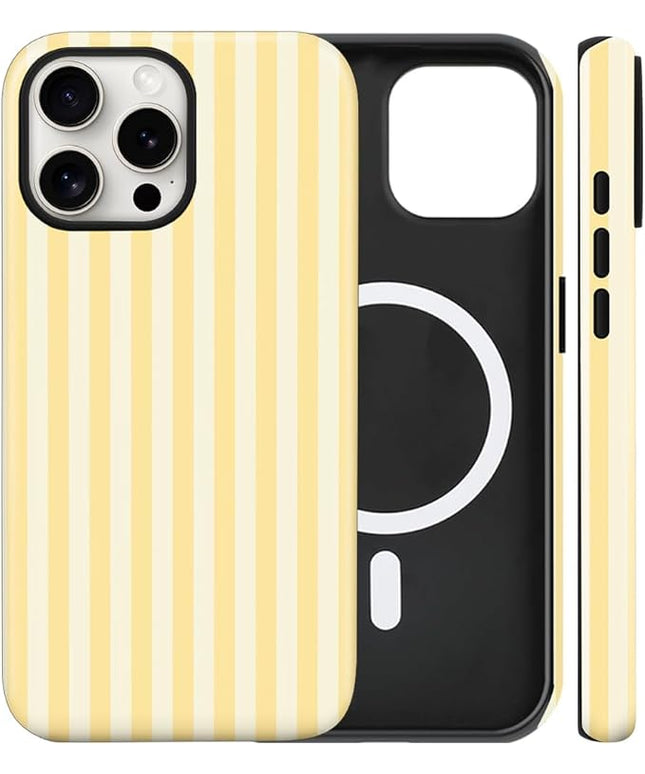Magnetic for iPhone 15 Pro Case Cute Stripes Phone Case, Shockproof Slim TPU and Hard PC Protective Phone Cover Compatible with MagSafe Designed for Women Girls, Yellow