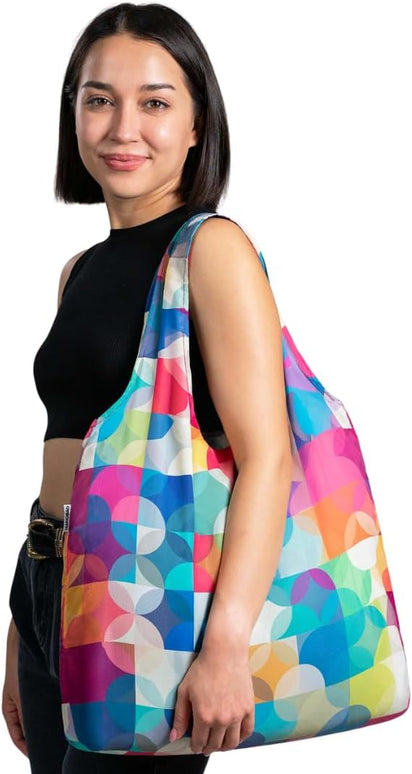 Nanobag Ultralight Heavy Duty Foldable Tote for Women & Men, Reusable Grocery & Travel Bag, Packable Collapsible Compact Market Essential (XL Color Blocks)