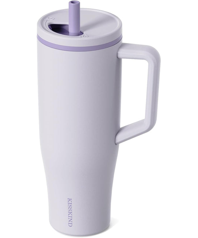KISSKIND 40 oz Tumbler with Handle and Straw | Lumi Spin Hidden Straw 100% Leakproof Insulated Tumbler | Stainless Steel Water Bottle for Mom, Nurse, Teacher | Lavender