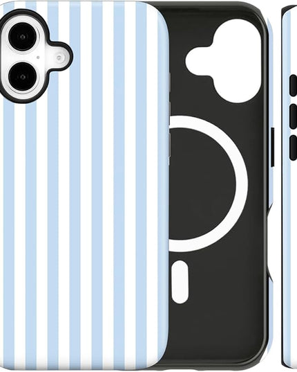 Magnetic for iPhone 16 Case Cute Stripes Phone Case, Shockproof Slim TPU and Hard PC Protective Phone Cover Compatible with MagSafe Designed for Women Girls, Blue and White
