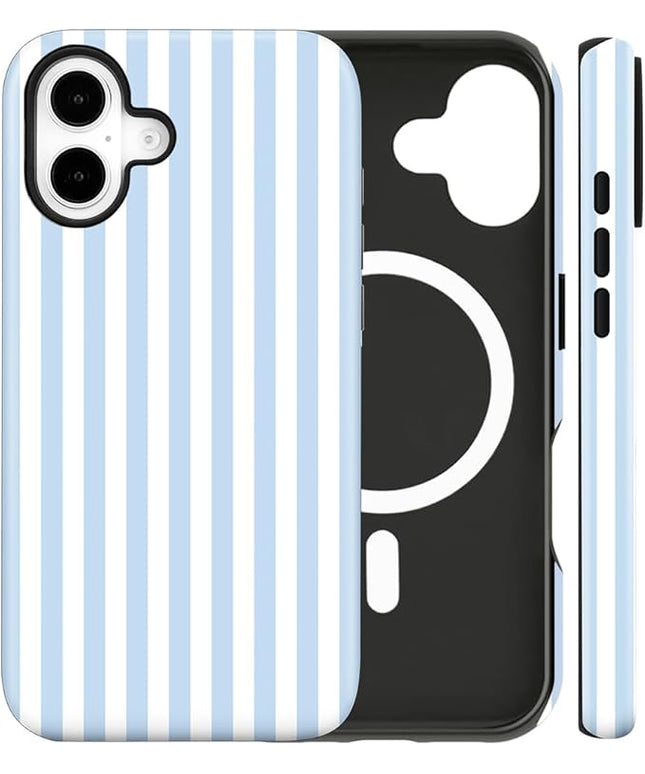 Magnetic for iPhone 16 Case Cute Stripes Phone Case, Shockproof Slim TPU and Hard PC Protective Phone Cover Compatible with MagSafe Designed for Women Girls, Blue and White