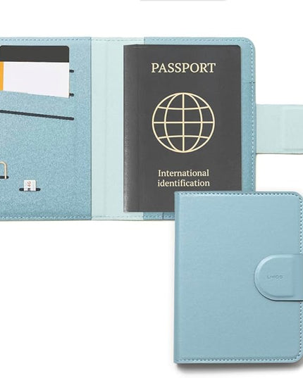 LHiDS Leatherette Passport Holder with RFID Protection, Premium PU Leather, Snap Button Closure, Travel Passport Wallet Cover for Passport, Boarding Passes, Business Cards, Cash (Water Blue)