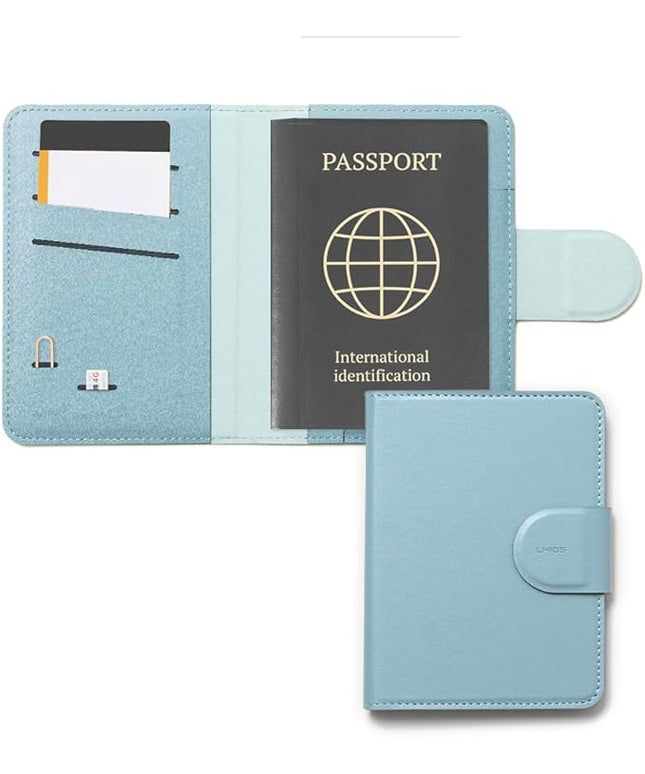 LHiDS Leatherette Passport Holder with RFID Protection, Premium PU Leather, Snap Button Closure, Travel Passport Wallet Cover for Passport, Boarding Passes, Business Cards, Cash (Water Blue)