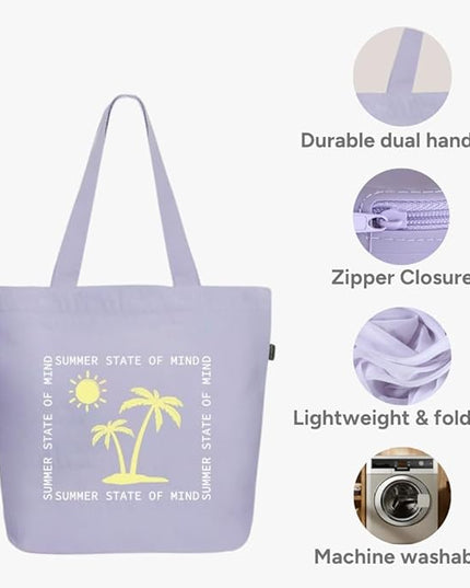 Ecoright Aesthetic Canvas Tote Bag for Women Large Zipper Tote Bags with Pocket, Womens Tote Bag for Yoga, Work, Beach
