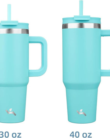 40 oz Tumbler with Handle and 2 Straws,2 in 1 Lid Insulated Water Bottle Stainless Steel Travel Coffee Mug,Turquoise