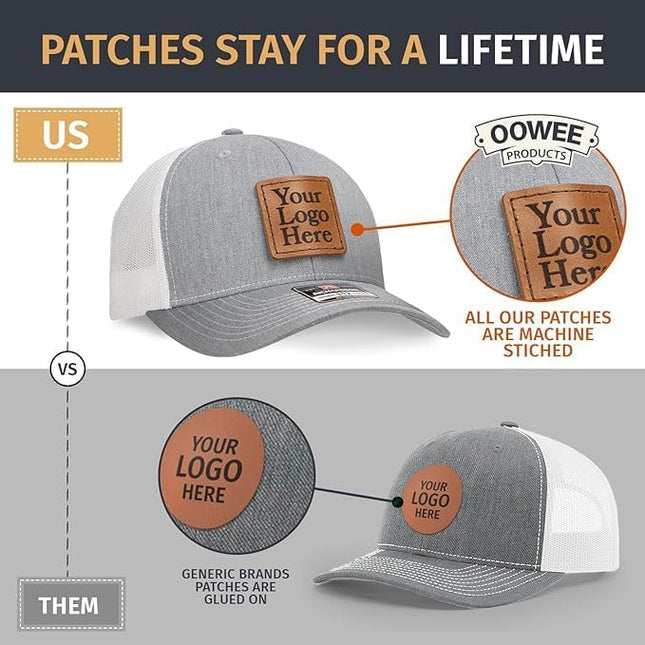 Oowee Products Custom Leather Patch Richardson 112 Trucker Hat, Cotton/Polyester Mesh, Snapback Closure, Handcrafted in USA