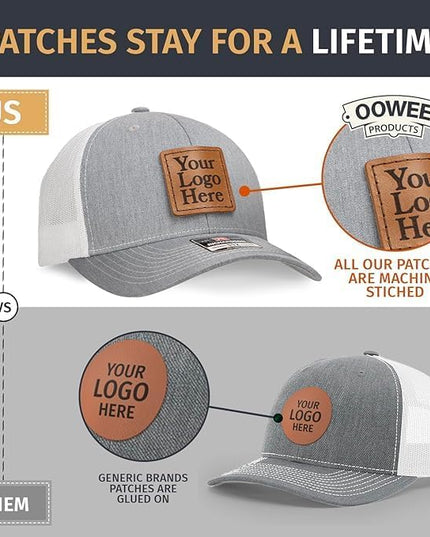Oowee Products Custom Leather Patch Richardson 112 Trucker Hat, Cotton/Polyester Mesh, Snapback Closure, Handcrafted in USA
