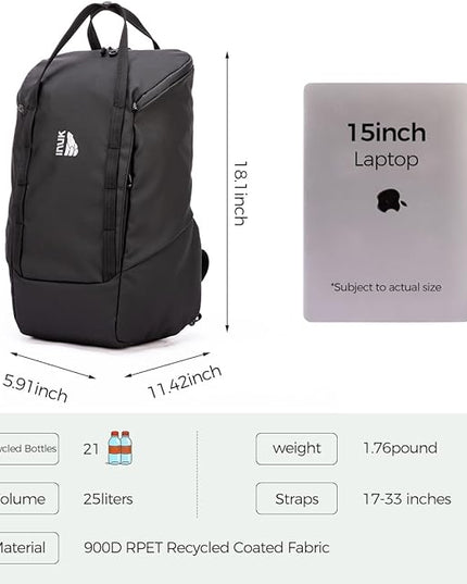 INUK Laptop Backpack for College Students & Work, 25L Lightweight Waterproof Backpack for Business Travel, Hiking Daypack with Padded Sleeve and Safety Whistle, Made from Recycled Materials，Black
