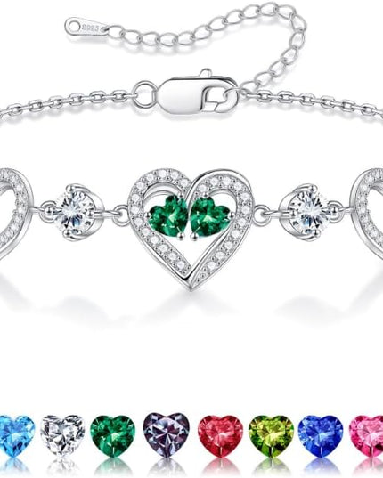 Iefil Valentines Day Gifts for Her - 925 Sterling Silver Heart Birthstone Bracelet Birthday Anniversary Jewelry Gifts for Her Wife