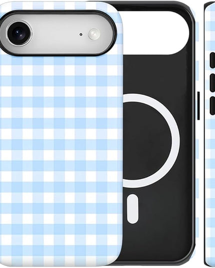 Magnetic for iPhone 17 Air Case Cute Checkered Stripes Phone Case for Women Girls, Shockproof Slim TPU and Hard PC Protective Phone Cover Compatible with MagSafe Designed, Blue