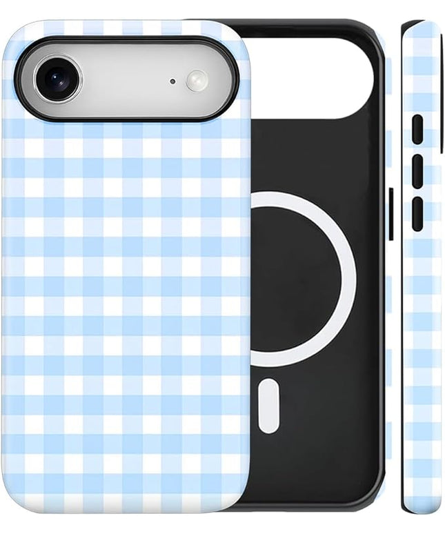 Magnetic for iPhone 17 Air Case Cute Checkered Stripes Phone Case for Women Girls, Shockproof Slim TPU and Hard PC Protective Phone Cover Compatible with MagSafe Designed, Blue