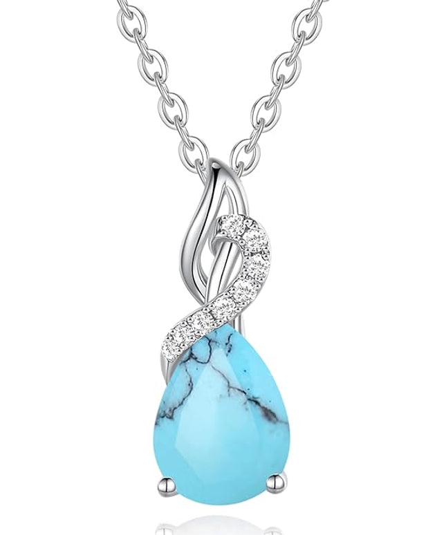 FANCIME 14K Solid White Gold Teardrop Pendant with Diamond Birthstone Necklace