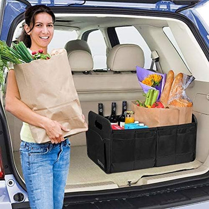 Homeve Trunk Organizer, Car Storage, Reinforced Handles, Collapsible Multi-Compartment, Foldable, Waterproof, Sturdy, 600D Oxford Polyester For Car, SUV, Mini-Van, Black, 2 Compart