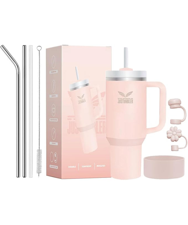 40 Oz Insulated Tumbler with Handle and Straw, Stainless Steel Coffee Travel Mug with Lid, Leak Proof Water Bottle with Accessories, Cream