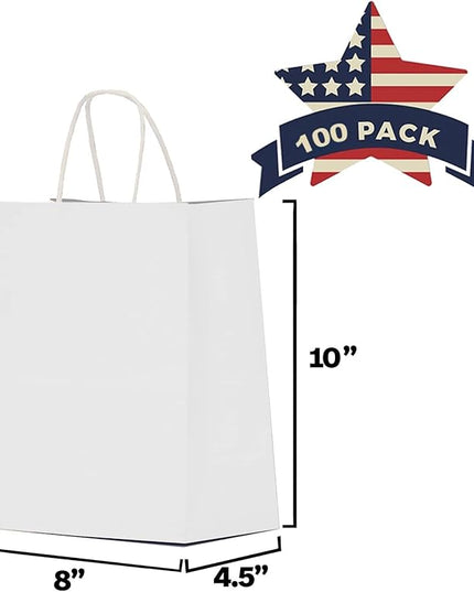 Qutuus White Paper Bags with Handles Bulk 100Pcs 8x4.5x10 White Gift Bags, Recyclable Kraft Paper Bags, Medium Paper Gift Bags for Shopping, Party Favor, Retail, Wedding