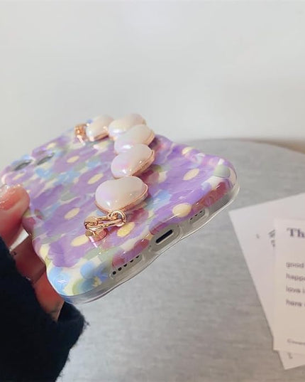 for iPhone 12 Pro Case, [Sparkling Purple Flower Oil Painting] [with Luxury Heart Bracelet] [Fashionable Wave Edge Shape] Soft TPU Drop and Shock Resistant for Women and Girls 6.1"