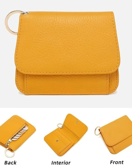 Mudono Small Wallet for Women RFID Blocking Genuine Leather Card Case Slim Tri-Fold Wallet with Zipper Pocket and Keychain