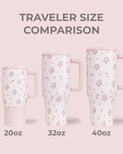 HydroJug Traveler - 32 oz Water Bottle with Handle & Flip Straw - Fits in Cup Holder, Leak Resistant Tumbler-Reusable Insulated Stainless Steel & Rubber Base - Gifts for Women & Men, Wildrose