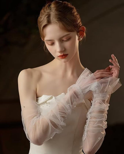 Women's Long Bridal Wedding Tulle Glove Mesh Fingerless Gloves Pearl 1920 Opera Tea Party Sheer Gloves