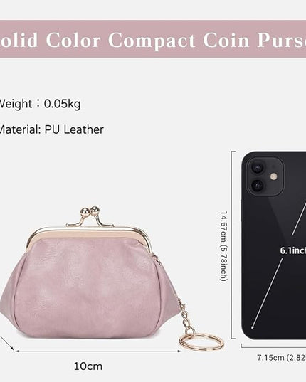 Genuine Leather Wallet Retro Kiss Lock Change Pouch Portable Coin Purse Key Case for Women Gift Box Black (Pink)