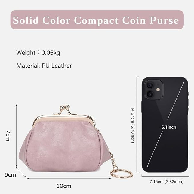 Genuine Leather Wallet Retro Kiss Lock Change Pouch Portable Coin Purse Key Case for Women Gift Box Black (Pink)