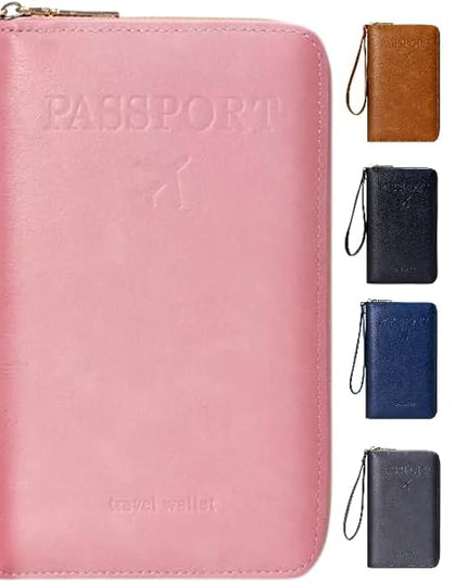 Multi-Functional RFID Passport Wallet,Travel Wallet for Men & Women,With zipper, anti-theft passport holder，Slim Leather Cover for Credit Cards, Tickets, Cash (Pink)