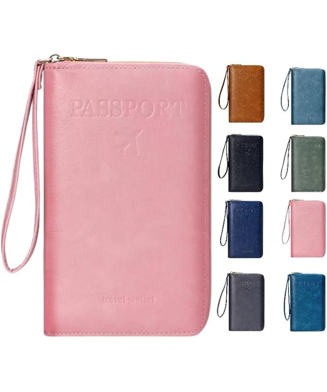 Multi-Functional RFID Passport Wallet,Travel Wallet for Men & Women,With zipper, anti-theft passport holder，Slim Leather Cover for Credit Cards, Tickets, Cash (Pink)