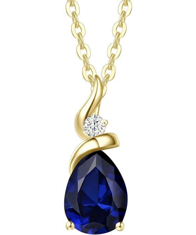 FANCIME 14K Solid Yellow Gold Birthstone Pendant Necklace for Women with Diamond Pear Shaped Teardrop Necklace Birthday Gifts for Mom Women Sterling Silver Chain 16" + 2" Extender