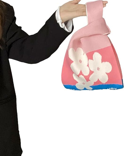 Women's Wrist Knot Tote Bag Small Crochet Wristlet Handbag Aesthetic Cute Knit Purse (Very Small Size)