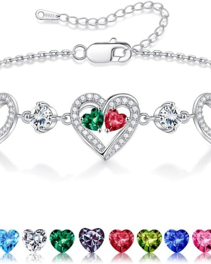 Iefil Valentines Day Gifts for Her - 925 Sterling Silver Heart Birthstone Bracelet Birthday Anniversary Jewelry Gifts for Her Wife