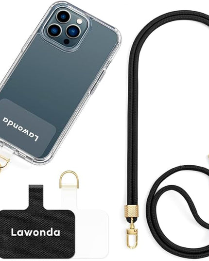 Phone Lanyard Universal Crossbody Cell Phone Strap Anti-Theft Adjustable Neck Lanyard for iPhone 17 Pro Max 2pcs Phone Patchs Tether Pads Midnight Black