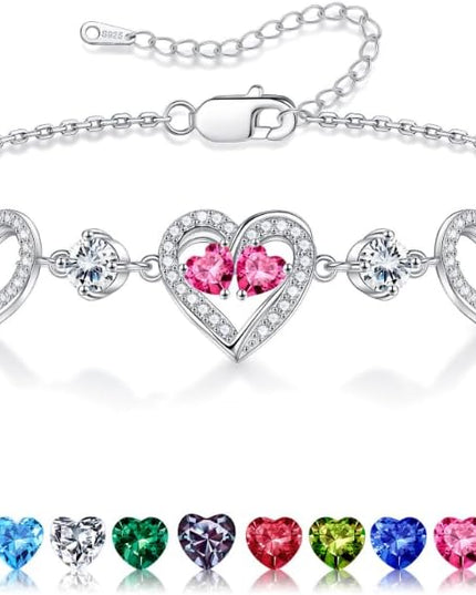 Iefil Valentines Day Gifts for Her - 925 Sterling Silver Heart Birthstone Bracelet Birthday Anniversary Jewelry Gifts for Her Wife